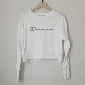 Champion Cropped Long Sleeve Crewneck in White & Gold Size Large